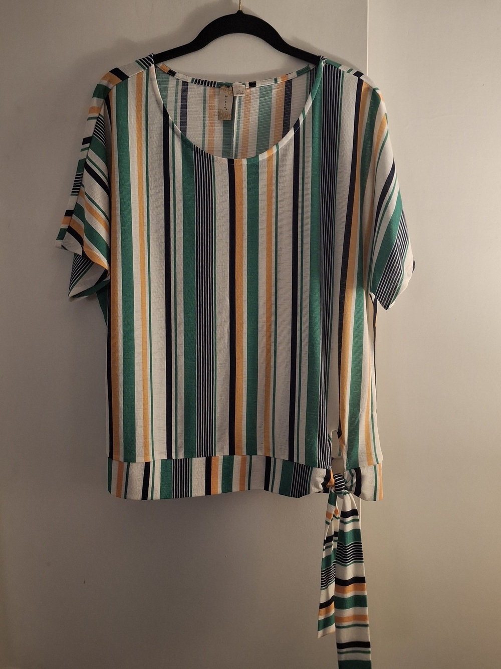 Misia Women's Striped Tie-Hem Short Sleeve Top - Green/Yellow/White/Navy